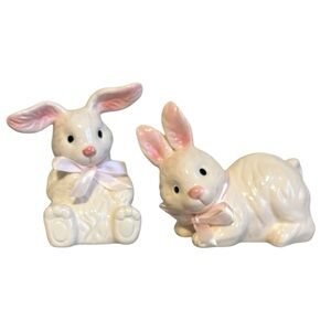 Charming Bunny Rabbit Figurines Glazed Ceramic Set of 2 Pink Accents White